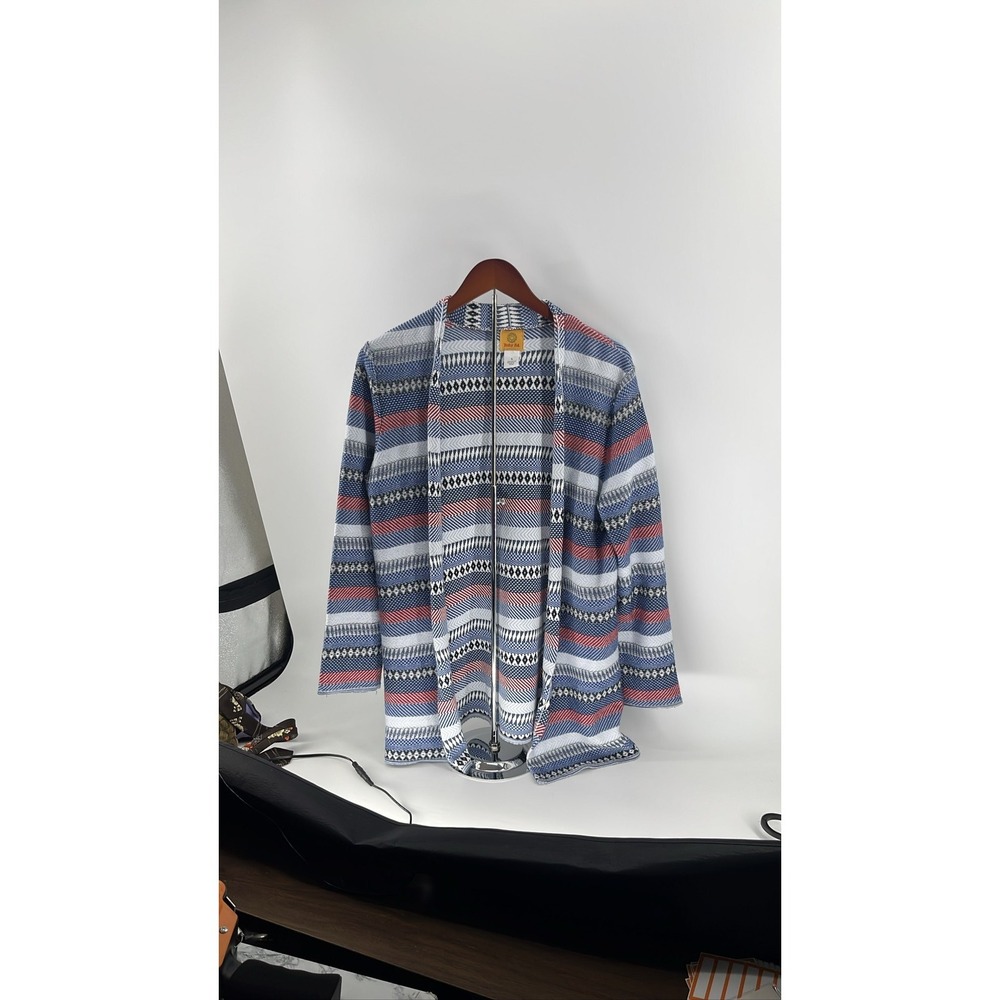Ruby Rd Womens Small Blue Red Geometric Southwestern Open Front‎ Knit Cardigan